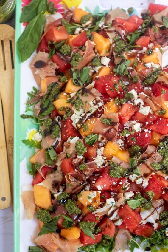 summer melon salad with prosciutto mint basil pesto