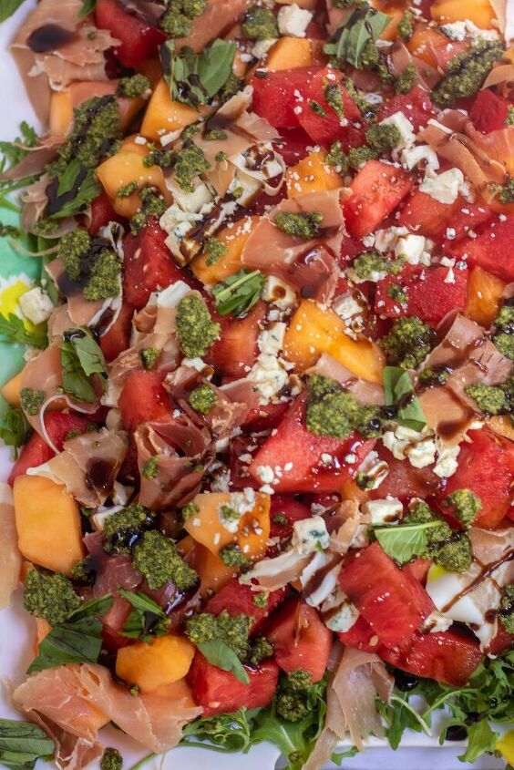 summer melon salad with prosciutto mint basil pesto