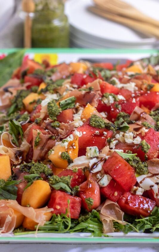 summer melon salad with prosciutto mint basil pesto