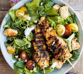 moroccan chicken salad with spiced garlic croutons and mint sauce