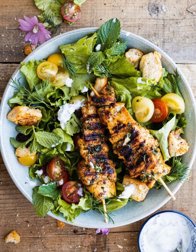 moroccan chicken salad with spiced garlic croutons and mint sauce