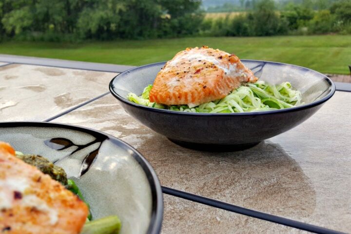 cedar plank salmon and zoodles