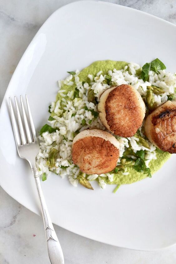 pan seared scallops with rice and asparagus puree
