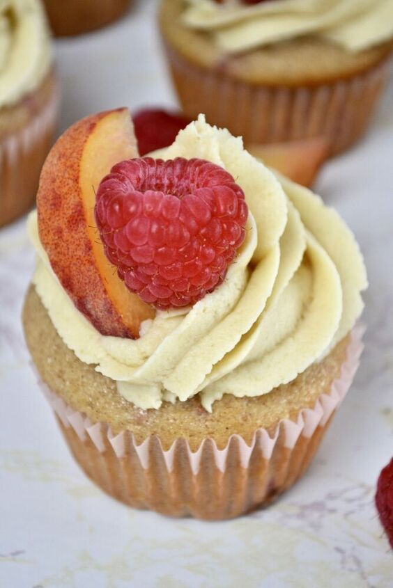 raspberry peach cupcakes with brown sugar buttercream frosting