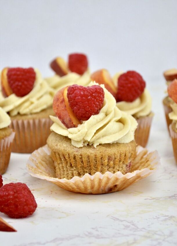 raspberry peach cupcakes with brown sugar buttercream frosting