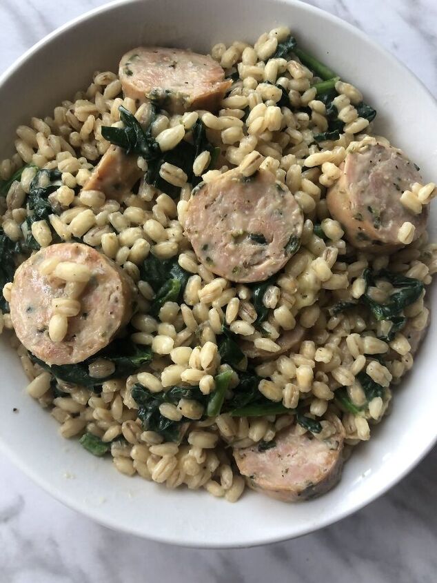 cheesy barley with chicken sausage