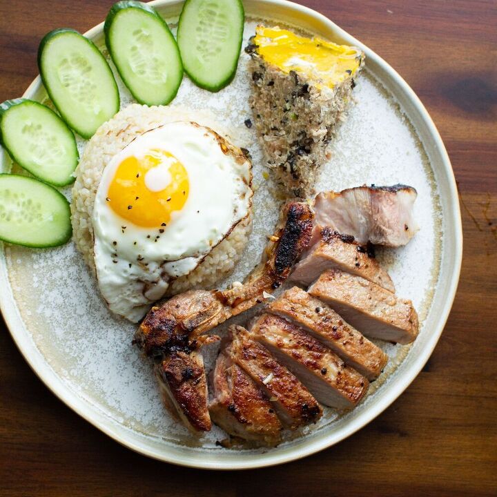 vietnamese broken rice with grilled pork chop and steamy pork patties