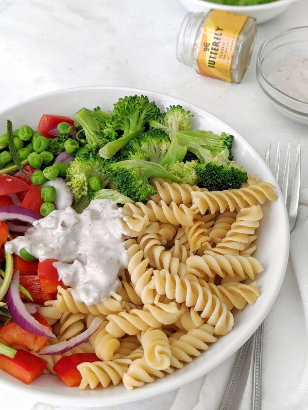 vegan pasta salad with creamy nut butter sauce