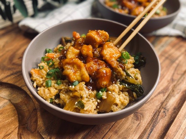 fried rice with spicy honey chicken