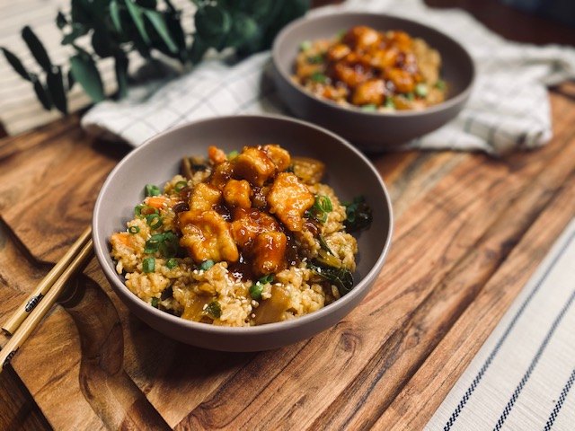 fried rice with spicy honey chicken