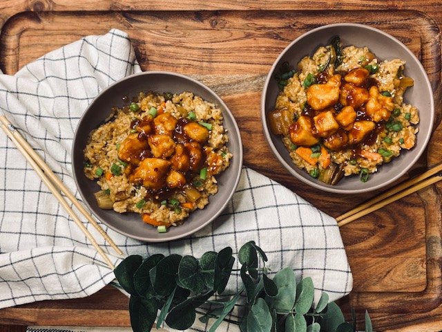 fried rice with spicy honey chicken