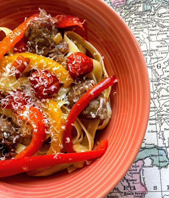 s 10 satisfying dinners you can make in less than 45 minutes, Roasted Sausage Veggies Over Pasta