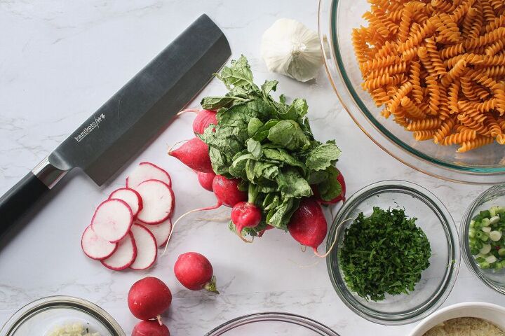 saut ed radish green pea gluten free pasta