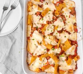 One Pot Cheesy Baked Rigatoni With Andouille, Tomatoes, and Peppers