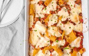 One Pot Cheesy Baked Rigatoni With Andouille, Tomatoes, and Peppers