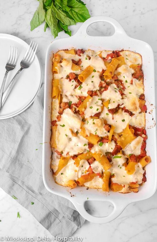 one pot cheesy baked rigatoni with andouille tomatoes and peppers