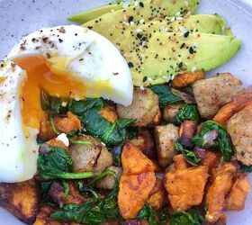 sweet potato hash with a poached egg