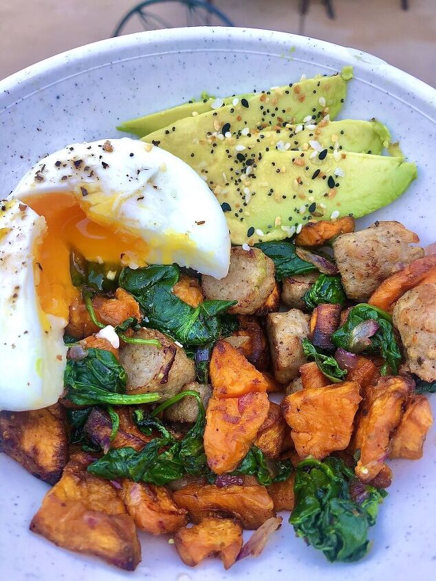 sweet potato hash with a poached egg