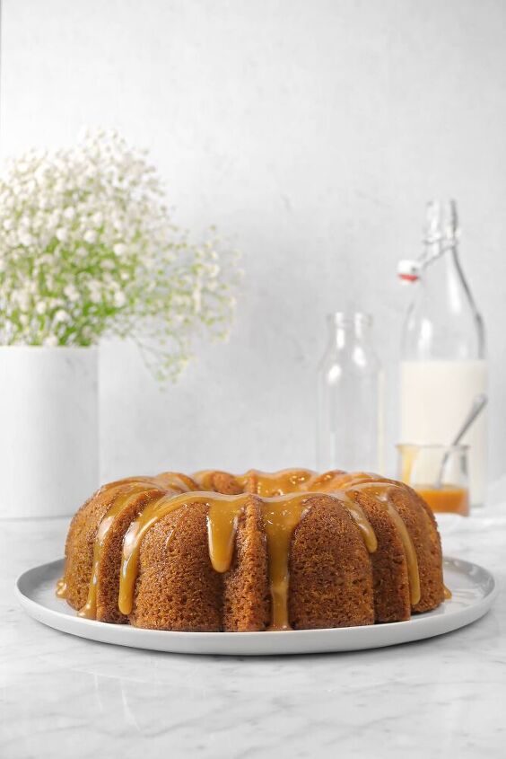 spiced apple bundt cake with caramel drizzle