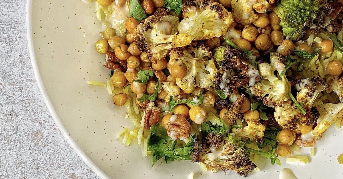 Warm Spiced Cauliflower and Chickpea Salad With Tahini Dressing