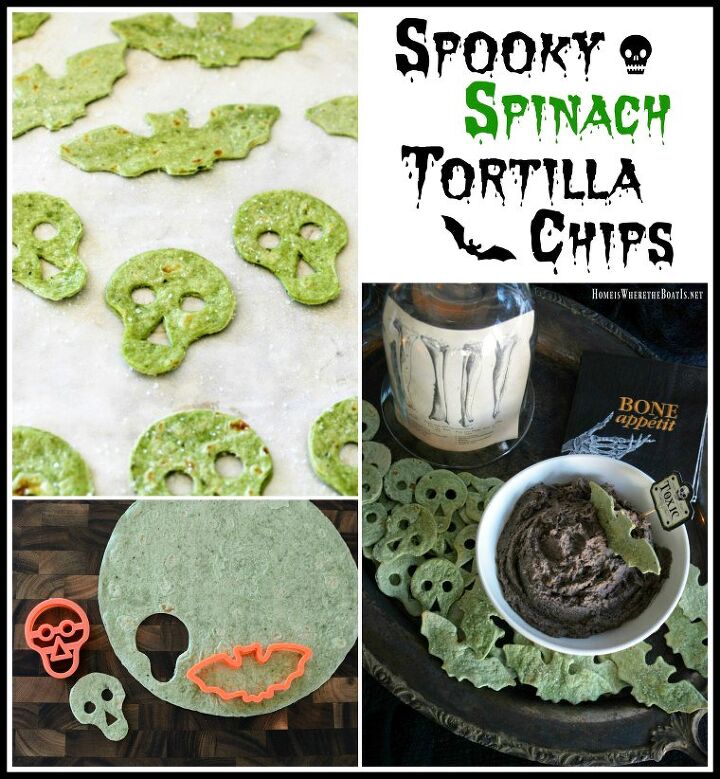 black bean and olive hummus with spooky spinach tortilla chips