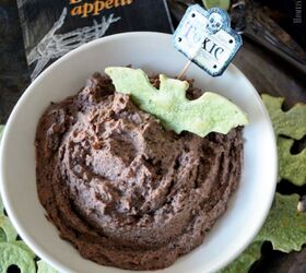 black bean and olive hummus with spooky spinach tortilla chips