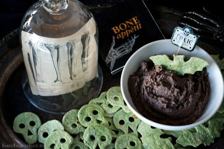 black bean and olive hummus with spooky spinach tortilla chips