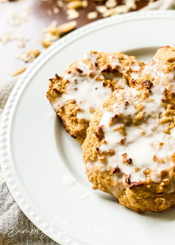 healthy peanut butter banana scones with salted caramel glaze