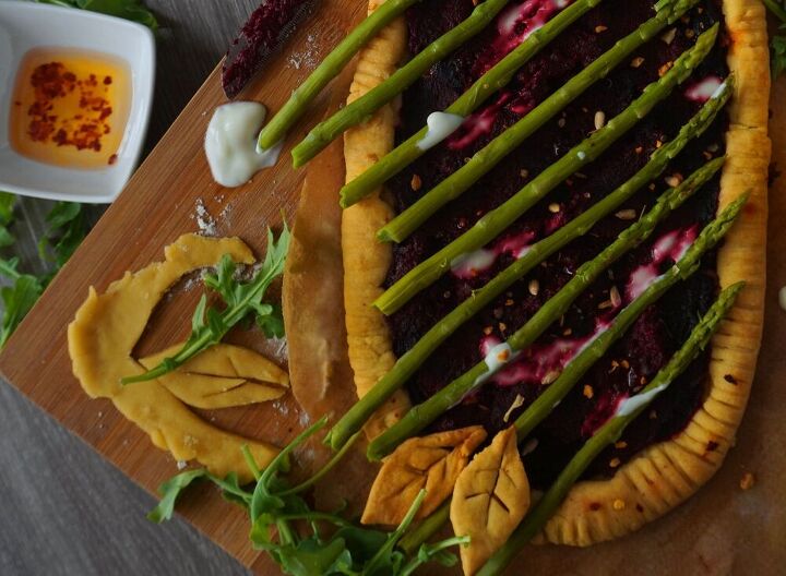 egyptian spiced beetroot tart with asparagus