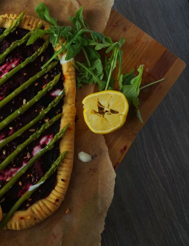 egyptian spiced beetroot tart with asparagus