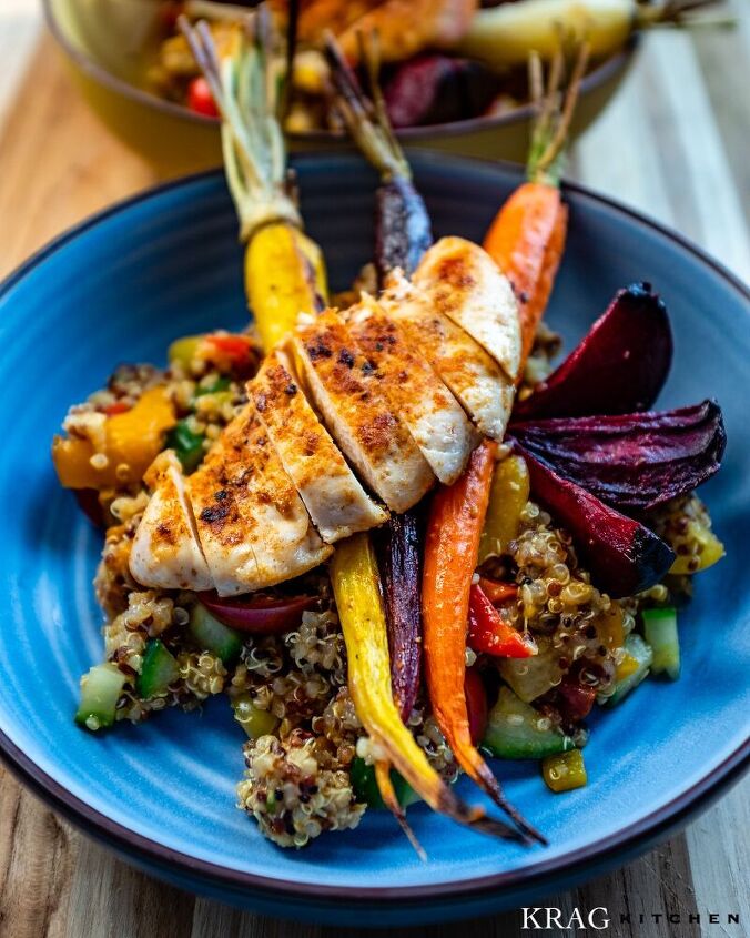 morrocan quinoa chicken salad with roasted vegetables