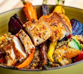 morrocan quinoa chicken salad with roasted vegetables