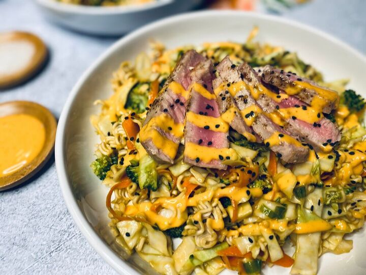 tuna salad with crunchy ramen noodles