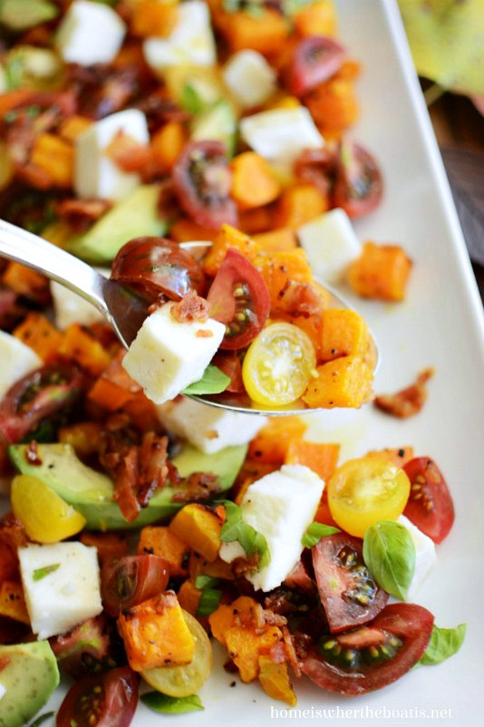 butternut caprese salad with hot bacon dressing