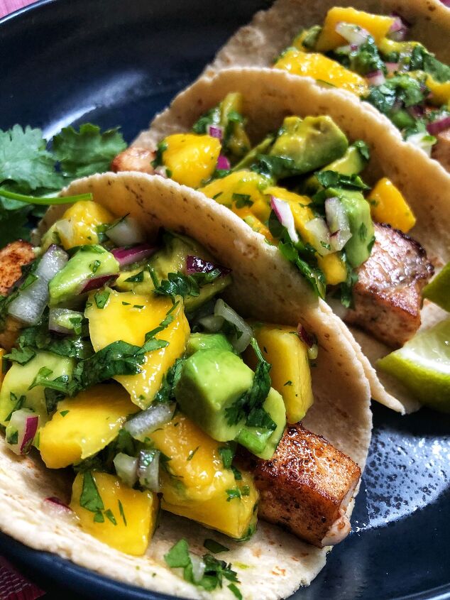 s 13 recipes to spice up taco tuesday dinners, Swordfish Tacos With Mango Avocado Salsa