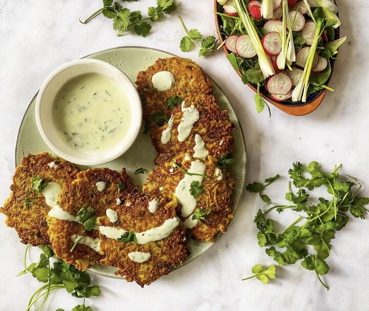 s 13 healthy snacks you can eat guilt free, Cauliflower Fritters With Yoghurt Sauce