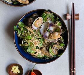 sizzled clams with noodles and watercress