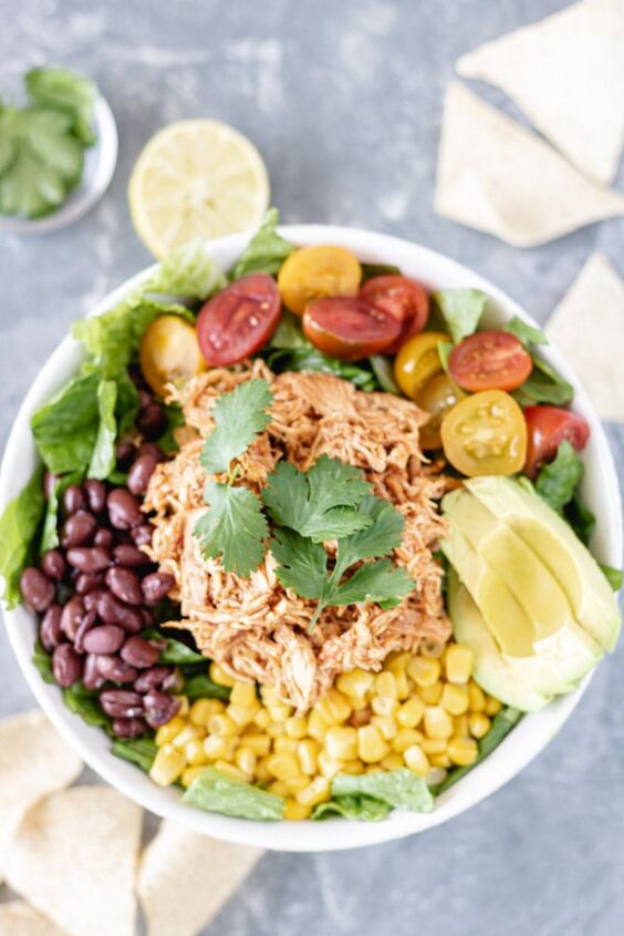 loaded taco salad bowls with salsa chicken