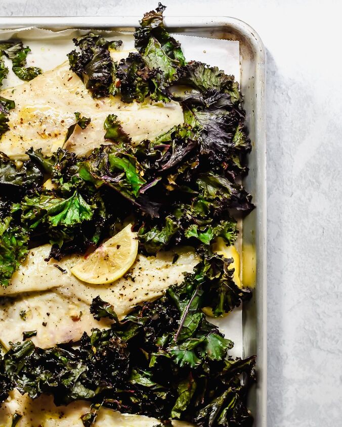 s 13 healthy dinners you can make in under 30 minutes, 10 Minute Sheet Pan Fish With Crispy Kale