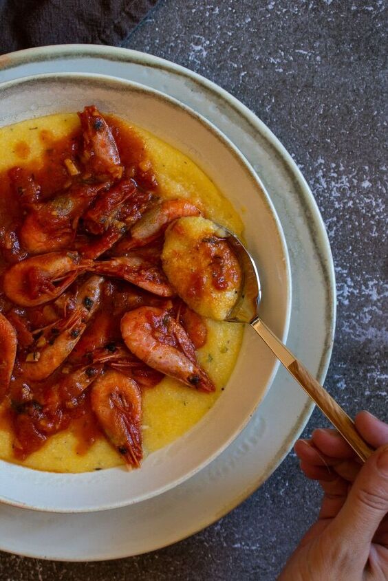 tomato shrimp sauce with creamy parmesan herb polenta