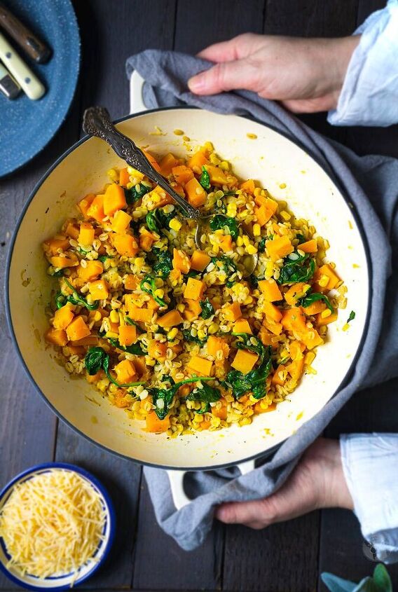 butternut squash barley risotto with spinach and corn