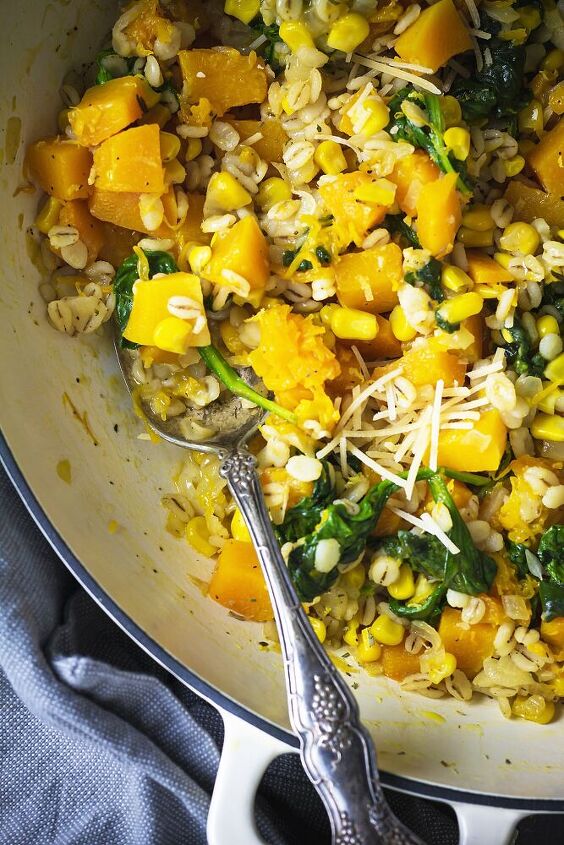 butternut squash barley risotto with spinach and corn