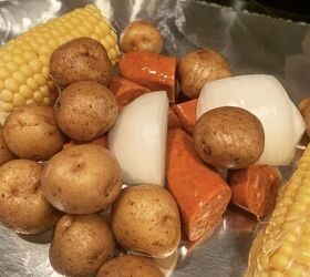 easy shrimp boil recipe foil packets, Rough chop and group ingredients on foil
