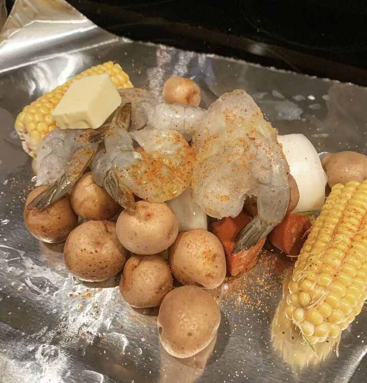 easy shrimp boil recipe foil packets, Season with Old Bay