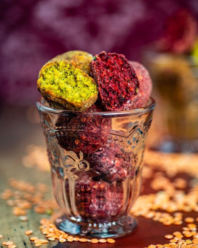 red lentil and roasted red and yellow beet falafel