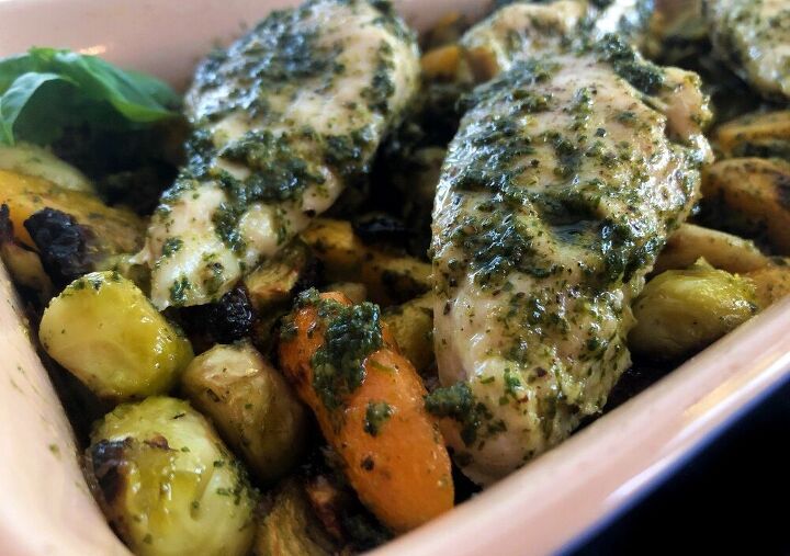 carrot greens pesto chicken and roasted vegetables