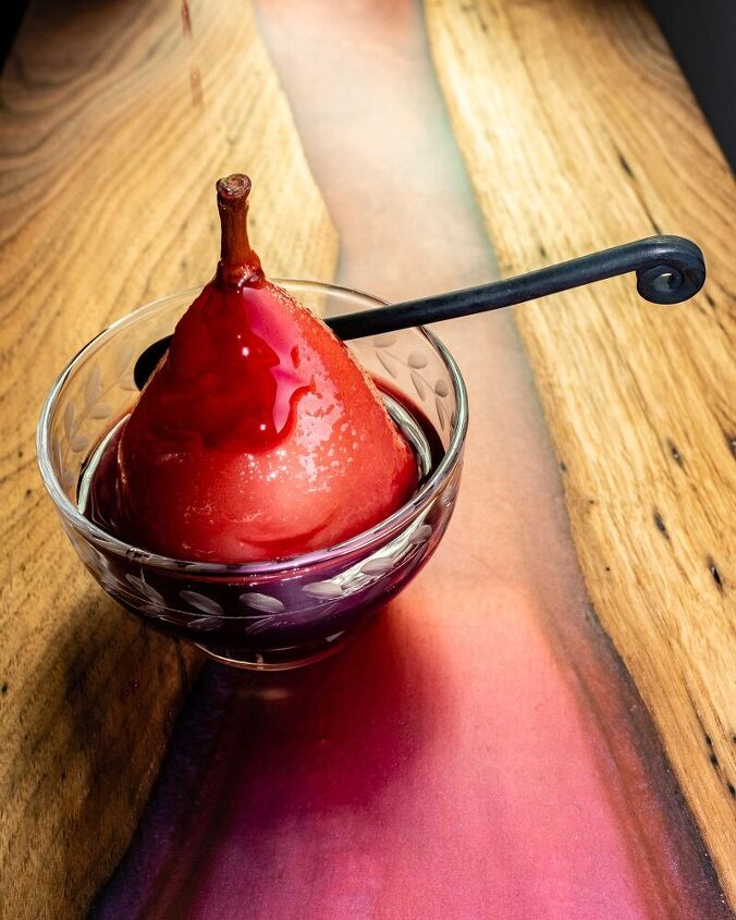pears poached in red wine and pomegranate juice
