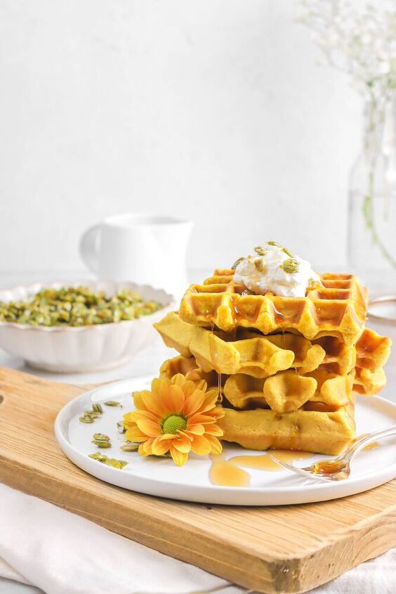 spiced pumpkin waffles with candied pepitas