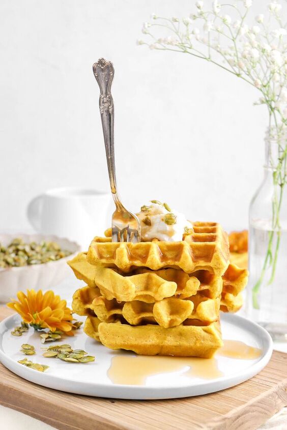 spiced pumpkin waffles with candied pepitas
