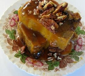 Pumpkin Bread Pudding With Salted Caramel Sauce and Toasted Pecans